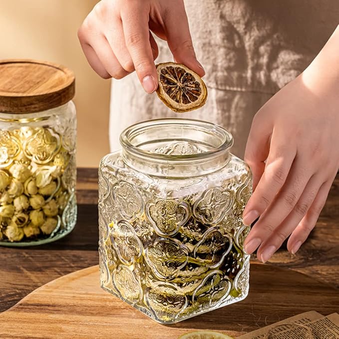 ANSQU 25.3 FL OZ Square Glass Jar, Glass Storage Canister with Airtight Lid, Glass Food Storage Containers for Candy, Coffee, Tea, Canning, Cute Jar (Square Begonia)