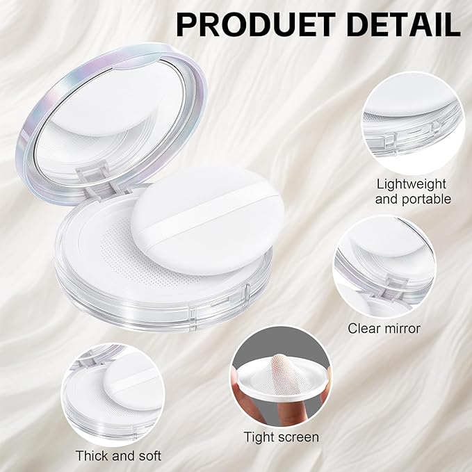 Tokusatsu 2-Pack Refillable Loose Powder Container with Puff & Mirror - 0.17 oz Travel Portable Empty Makeup Compact with Mesh for Women Girls, Silver Iridescent Silver