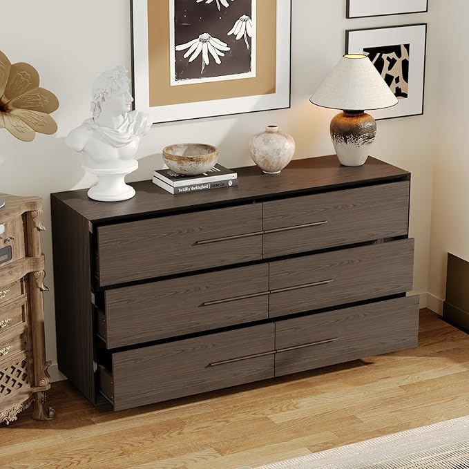 Bedside Table with 6 Drawers, Modern Side Table, Wide Nightstand, Wooden Bed Side Tables, Wood Grain Floor Storage Organizer with Metal Handles for Sofa Couch Bedroom, Dark Brown