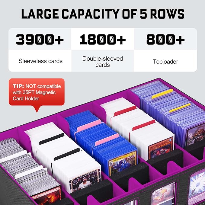 ZLCA Trading Card Storage Box 5-Row with Handle, MTG Storage Box Holds 3900+ Cards with Commander Display, Top Loaders Organizer Case for TCG PTCG Sport Card(Black&Purple)