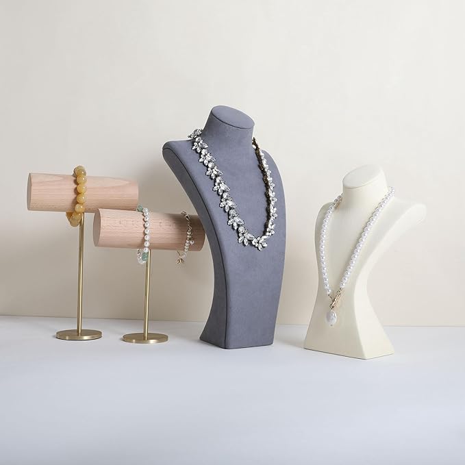 GemeShou Grey necklace storage organizer for sale, Velvet necklace holder stand, jewelry bust display stands, Jewelry Mannequin for Countertop, Showcase【Grey-Large height 12.4 inch】