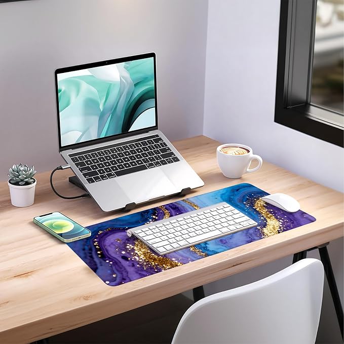Blue and Gold Stripes Gaming Mouse Pad 31.5"x11.8"Desk Mat Anti-Slip Rubber Base & Durable Stitched Edges for Gamers Smooth Mouse Writing Surface for Desk Office/Home