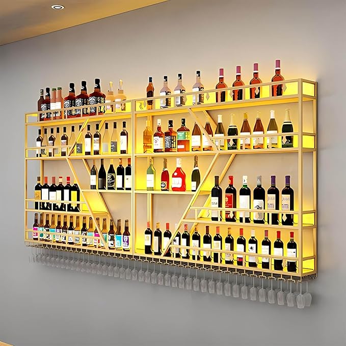 63in Large Wall Mounted Wine Rack 4 Tier Metal Wine Bottle Holder Modern Diamond Design Floating Bar Liquor Bottles Storage Rack for Home Restaurant Bar Decorative (Gold, 4 Tier - 63in)