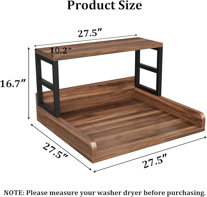 Washer Dryer Countertop with Shelf, 27.5″D x 27.5″W x 16.7″H, Countertop for Washer and Dryer Top with Non-Slip Pads and Edge Rails, Laundry Room Storage and Organization(Walnut)