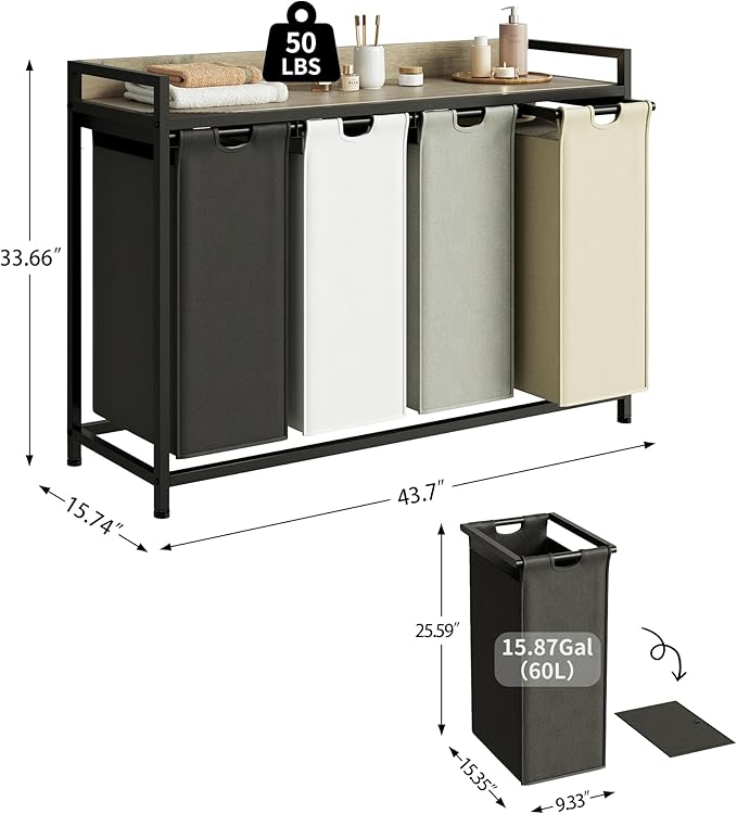 Laundry Hamper with Shelf, Laundry Basket 4 Section, Laundry Sorter with Pull-Out Removable Large 4 Color Bags and Movable Wheels, Metal Frame, 4 x 15.87 Gallons (60L),Greige PF07XLZ