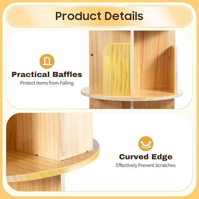 Rotating Bookshelf, 6-Tier Pine Wood Bookcase, Freestanding Bookcase Books Storage Displaying Rack, 360° Revolving Book Shelf Organizer, Each Tier Loading 110lbs, Used for Bedroom, Living Room, Study