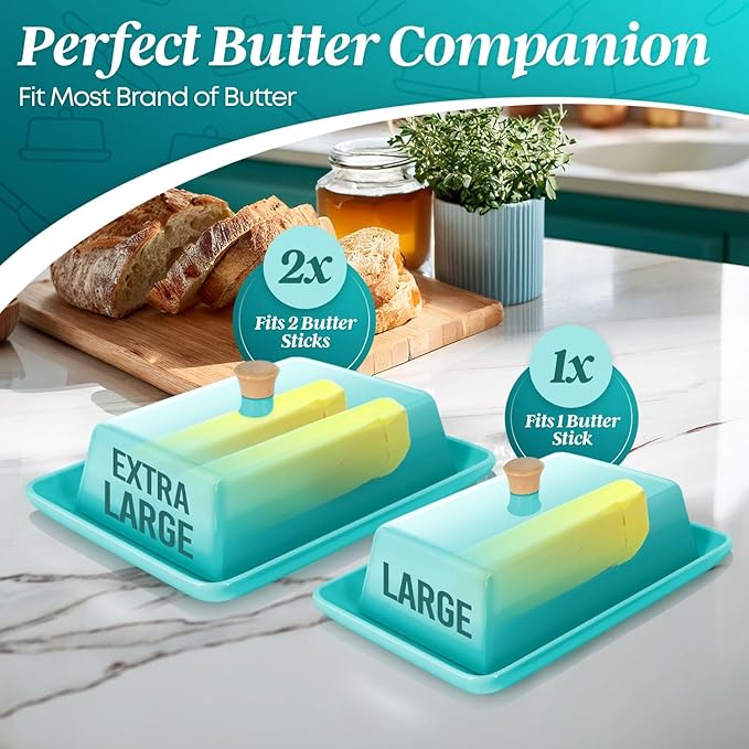 Flexzion Ceramic Blue European Butter Dish with Lid for Countertop (8 Inch) - Wide 2 Stick Double Butter Holder for Counter, Cream Cheese Container Storage Keeper