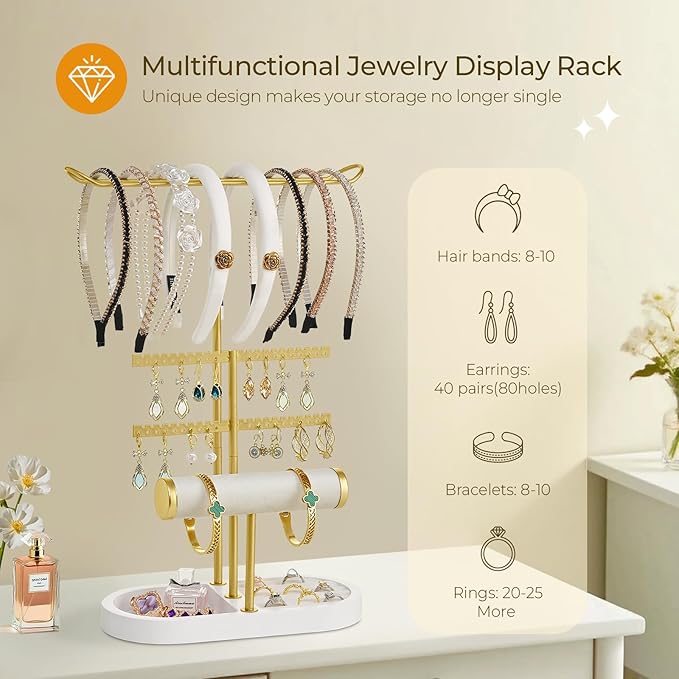 3 Tiers Jewelry Organizer, Earring Holder Organizer with 80 Holes, T-Bar Beige Velvet Bracelet Holder for HeadBands, Earrings, Bracelets, Rings Jewelry Holder Organizer- White Gold