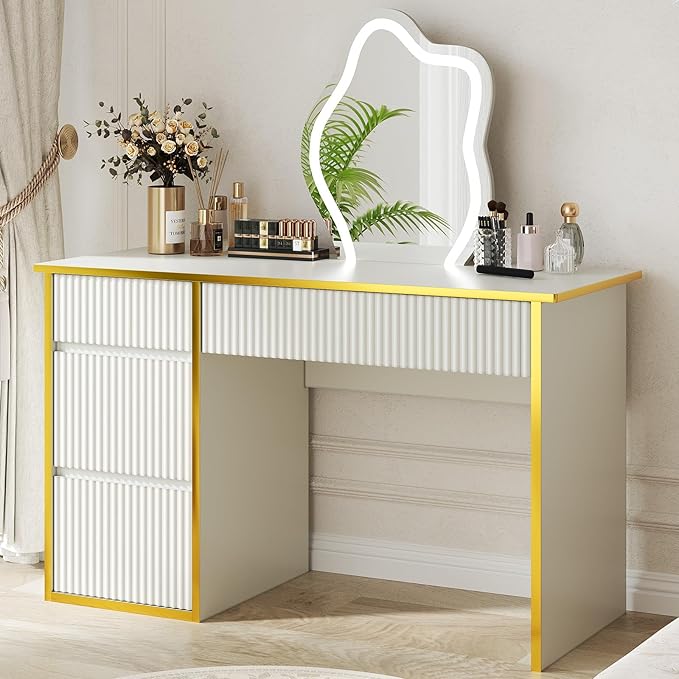 4 EVER WINNER White Desk with Drawers with Hidden Handle, 47 Inch Computer Table with Storage File Cabinet, Wood Desks with Drawers Vanity Writing Table for Study, White and Gold Desk
