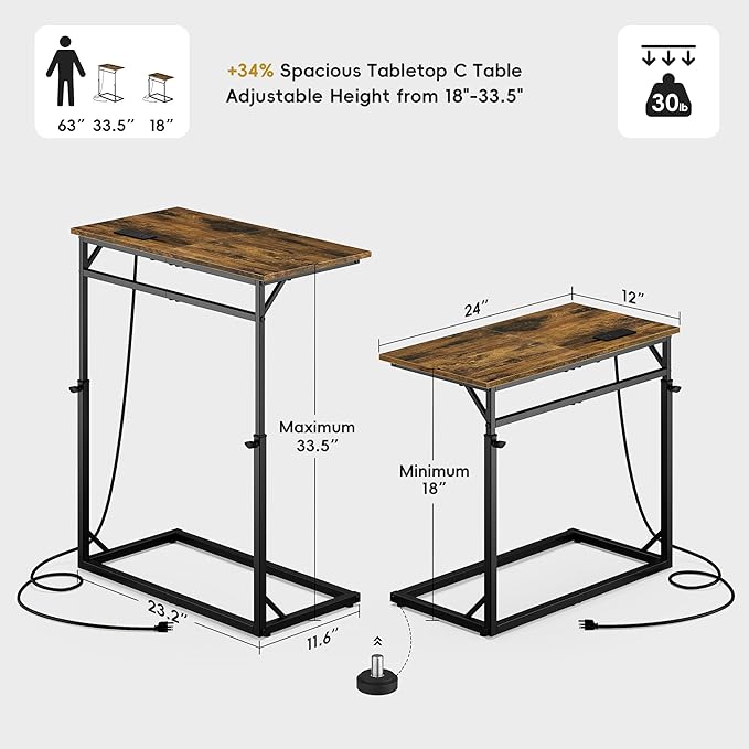 Vagusicc C Shaped End Table with Charging Station, Large C-Table End Table Adjustable Height Side Table for Couch, Couch Table Slide Under Sofa Table TV Tray Table for Sofa, Living Room, Bedroom,Brown