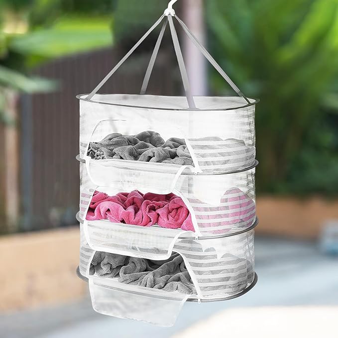 Toyvian Hanging Drying Rack with Zipper Mesh Net Windproof Clothes Organizer for Sweaters Underwear and Vegetables Ventilated Laundry Hanger for Indoor Outdoor Use