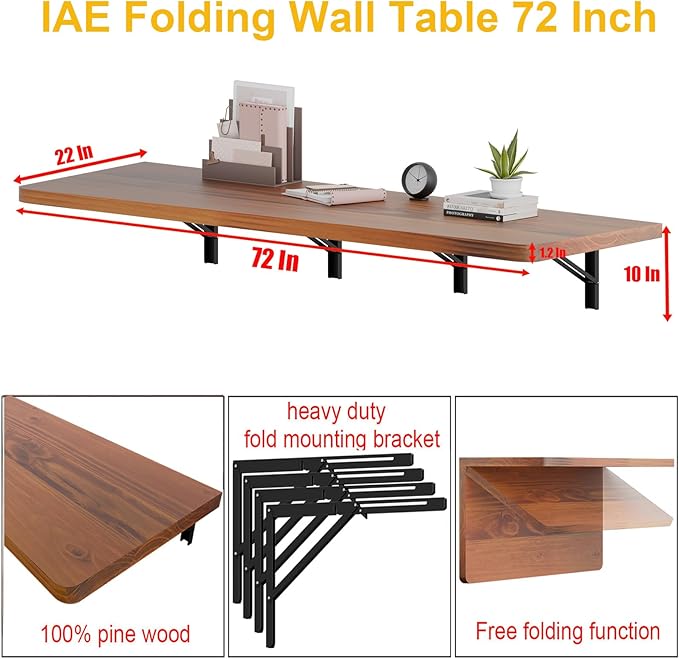 IAE Floating Wall Mounted Folding Table Desk with Pine Wood,72" x 22" Foldable Workbench,Fold Down Wall Mounted Foldable Desk with Shelf Brackets,Laundry Folding Table for Home,Dining,Kitchen,Teak