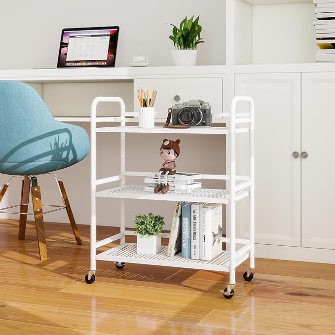 HDANI 3 Tier Metal Rolling Heavy Cart Supports 40 Lbs Per Tier,Mesh Rolling Cart with 2 Lockable Wheels for Office,Home,Bedroom,Kitchen,Bathroom(White)