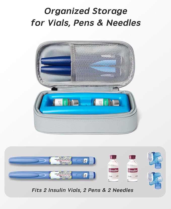 Insulin Vial Cooler Travel Case TSA Approved 300g Reusable Ice Brick Insulin Pen Case Holds 2 Pens and 2 Vials Long Lasting Medicine Cooler for Travel Camping and Outdoor Activities (Gray)