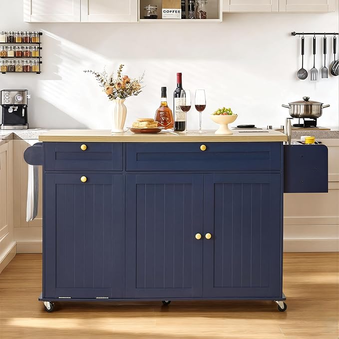 60.2" Kitchen Islands with Storage, Rolling Island Table with Trash Can Storage Cabinet, Mobile Island Cart with Drop Leaf & Power Outlet & Spice Rack & Towel Rack & Knife Holder, Blue