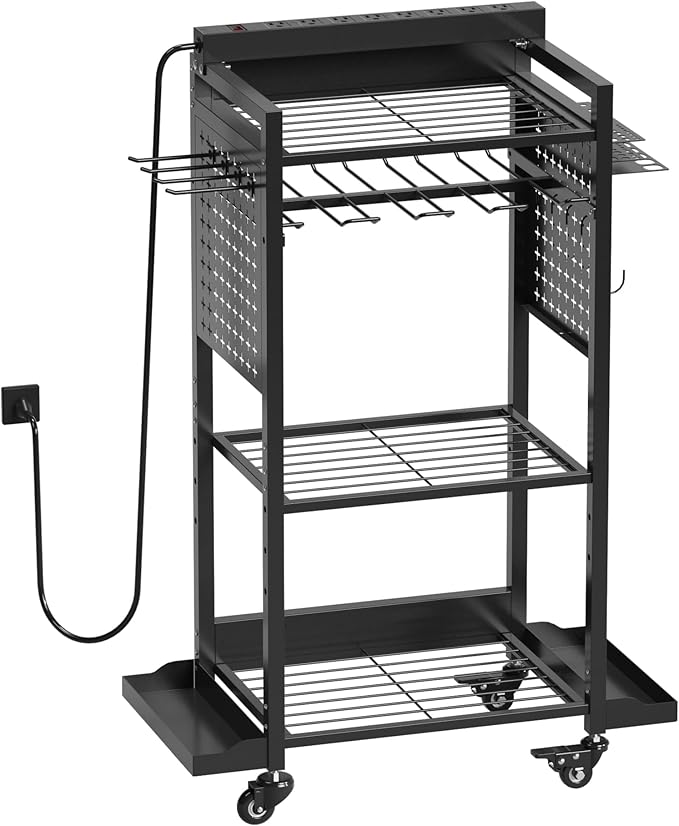 Power Tool Organizer Rolling Cart with Charging Station, Garage Floor Stand Rolling Tool Storage Rack with Charging Power Strip, Garage Storage Heavy Duty Utility Shelf with Wheels