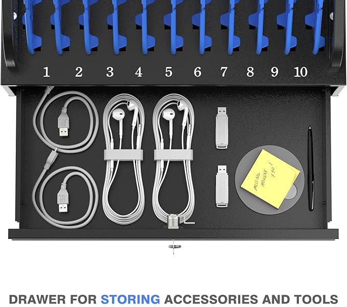 10-Device Open Charging Station for Chromebooks & Tablets - Heavy-Duty Steel Rack with Lockable Storage Drawer, Multi-Device Charging Organizer for School, Office, Hospital