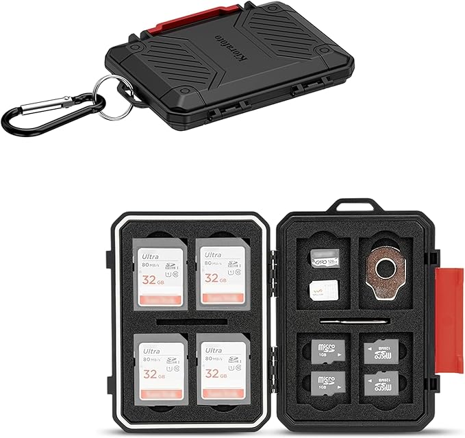 22 Slots SD MicroSD Memory Card Case, IP67 Waterproof Anti-Shock Memory Card Holder for 8 SD SDHC SDXC Cards, 12 MicroSD TF MSD Cards, 2 Nano SIM Storage Carrying Case - Black