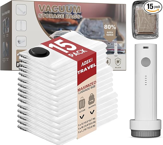 Vacuum Seal Bags with Rechargeable Pump - 15 Pack Clothes Storage for Small Space Family Seasonal Organizers - Home Travel Trip Use with 5 Large 5 Medium 5 Small