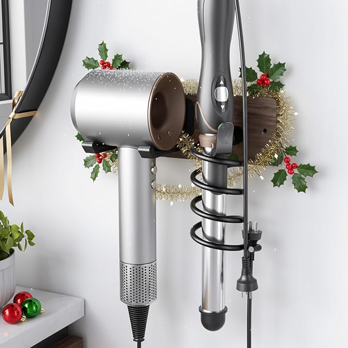 Tindbea Hair Dryer Holder Curling Iron Holder, Blow Dryer Holder Wall Mount, Bathroom Hair Tool Organizer Rack for Universal Dryer, Walnut Matte Black