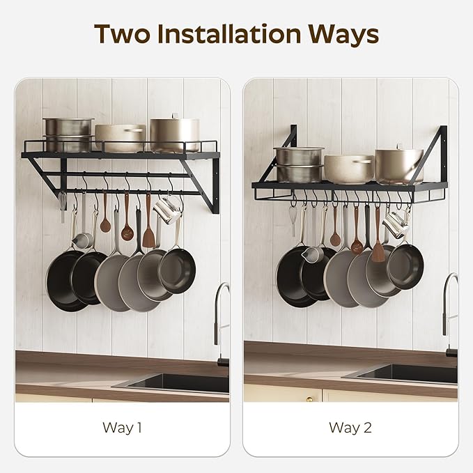 Wall Mounted Pot Rack, 23.8 Inch Pot and Pan Organizer with 2 Tier Hanging Rails, 12 S-Hooks, Metal Pot Rack for Kitchen Cookware Organizer, Space Saving, for Kitchen Utensils, Black PR01BK