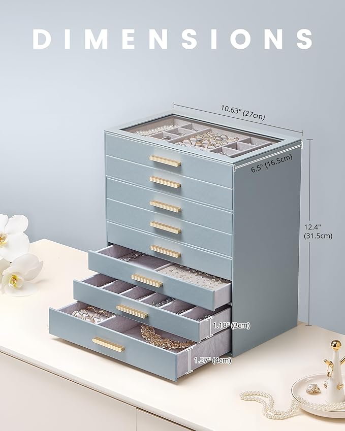 Lolalet Jewelry Box Organizer, 8-Layer Jewelry Organizers and Storage Case with Glass Lid, Ring Earring Bracelet Necklace Holder Organizer, Birthday Christmas Gifts for Women Girls -8Layer, HazeBlue
