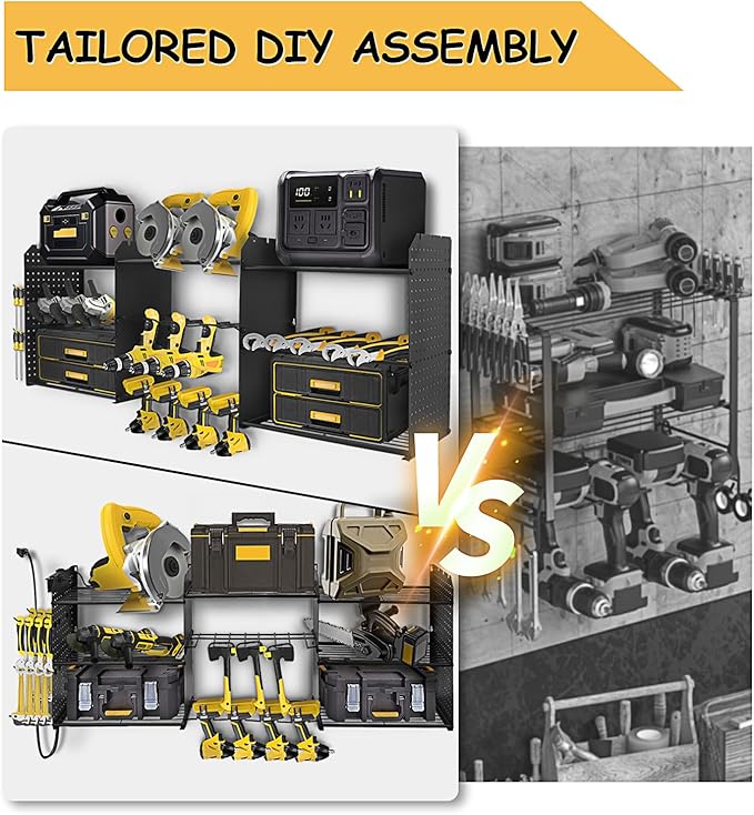 Power Tool Organizer Wall Mount, 3 Layer Tool Storage Rack, Drill Bit Heavy Duty Rack, Heavy Duty Metal Power Tools Storage Rack Tools Shelf with Charging Station for Garage Organization