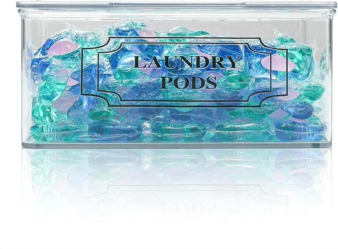 SSTATES Clear Acrylic Dryer Sheets Holder, Flip-top Laundry Pods Container with 2 Label Decals for Laundry Room Organization and Décor, Stackable Storage Box (1 Pc)