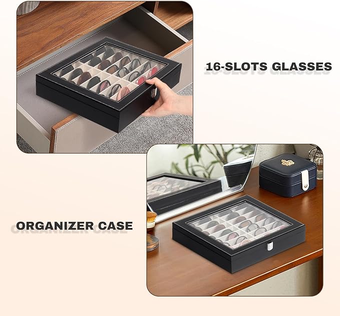 Sunglasses Organizer Case with Adjustable Slots, Eyeglasses Display with Lid, Eyewear Storage Box for Large Glasses