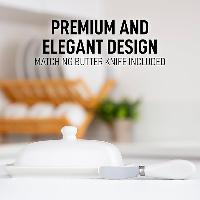 Zulay Kitchen Butter Dish With Lid For Countertop - Porcelain White, Ceramic Butter Dish with Knob Handle Great for Cooking - Elegant Design Butter Holder - Durable & Sturdy Butter Keeper - White