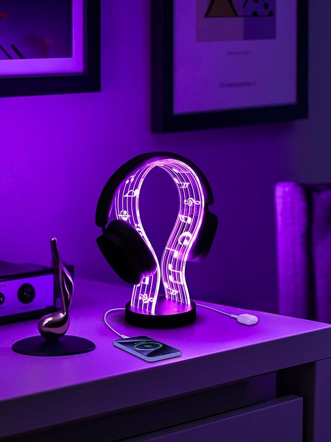 Light Up Headphone Stand with 16 Color Lights, Music Notes Pattern Acrylic Headset Stand with 1 USB and 1 Type-C Charging Ports, Gifts for Gamers Men and Music Lovers
