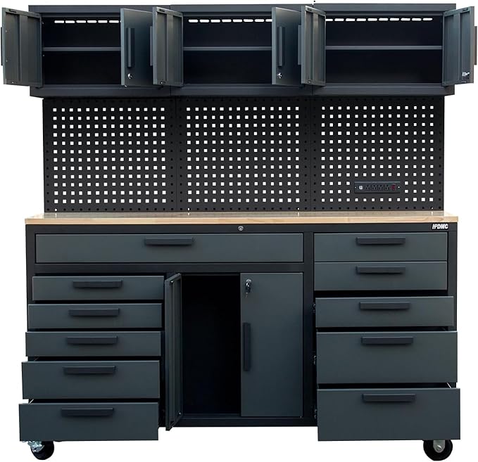 72in Rolling Tool Chest Cabinet Mobile Garage Workbench Heavy-Duty Tool Cabinet on Wheels with 11 Drawers, 2-Door Cabinet, 3 Top Cabinet, Pegboard & Power Strip for Tool Organization
