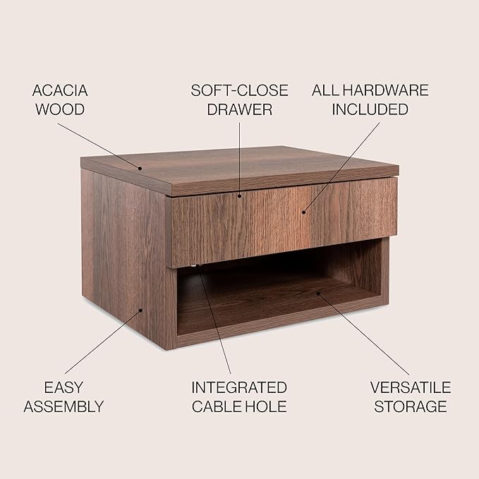 JONATHAN Y NST2002A Ettore 15.71" Mid-Century Modern Floating Wall Mounted Nightstand with Soft-Close Drawer and Cable Hole, Dark Brown
