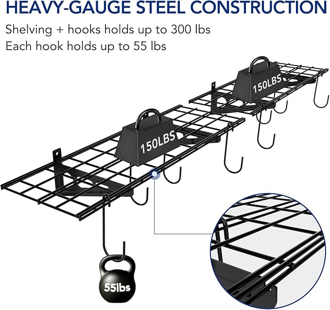 FLEXIMOUNTS Garage Wall Shelving, 2-Pack 1x3 ft, Includes 8 Bike Hooks, Wall Shelf Garage Organization System w/Bike Hangers, Storage Rack, Floating Shelves, 300 lbs Weight Capacity, Classic Series