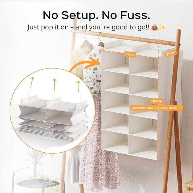 6 Shelves Hanging Closet Organizer – Foldable Dual-Row Hanging Clothes Storage with 3 Hooks, Space-Saving Closet Organizer and Storage for Sweater and Hats, Ideal for Dorms and Bedroom,White