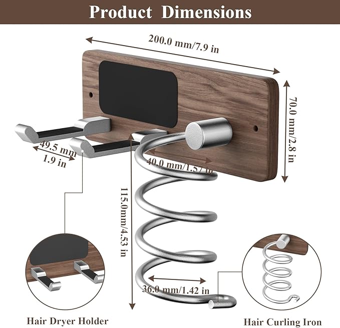 Tindbea Hair Dryer Holder Curling Iron Holder, Blow Dryer Holder Wall Mount, Bathroom Hair Tool Organizer Rack for Universal Dryer, Walnut Wood Silver Color Metal