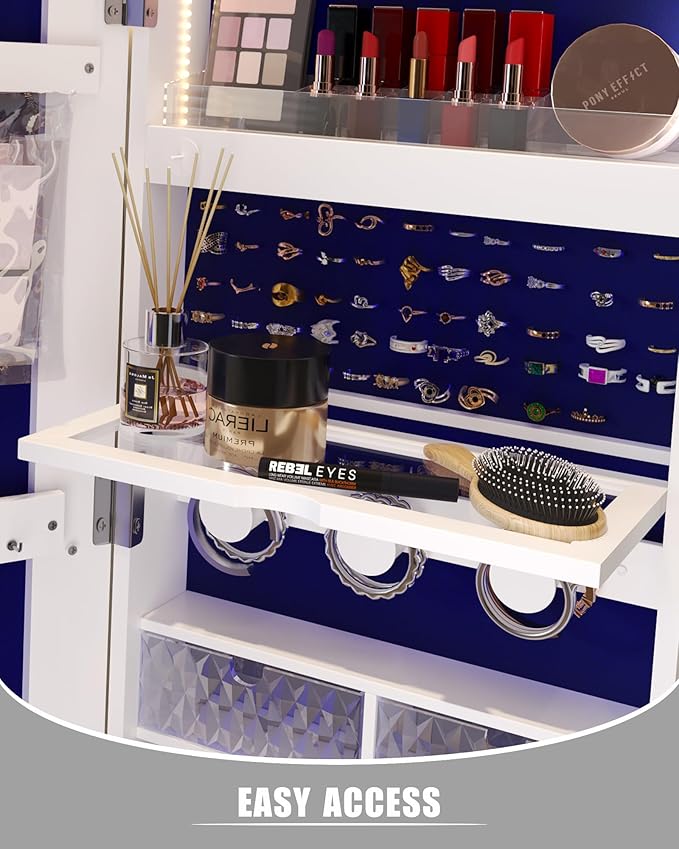 Full Length Mirror with Storage, Standing Mirror Jewelry Cabinet with 3 Color LED Lights, 360° Swivel Jewelry Armoire with Mirror & Storage Shelves, White