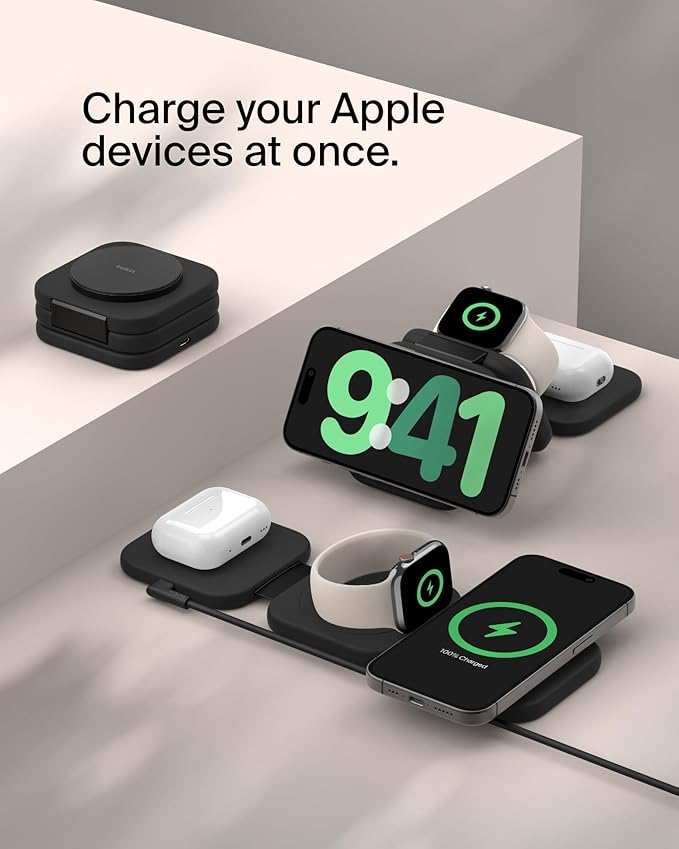 Belkin MagSafe Charger Compatible 3-in-1 Magnetic Charging Travel Pad 15W-BoostCharge Pro Foldable Qi2-Certified Wireless Charger, MagSafe-Compatible Charger for iPhone 16 Series, Apple Watch, AirPods