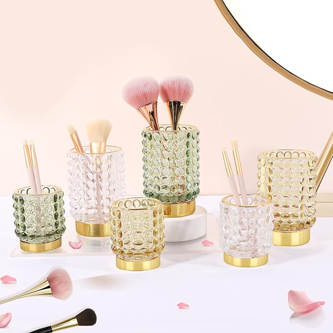 DASITON Makeup Brush Holder Organizer, Crystal Cosmetic Make Up Brush Holder, Glass Makeup Brushes Storage Organizer, Vintage Make Up Cup Desk Pen Pencil Holder, Toothbrush Holders (Yellow L)