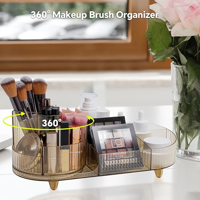 Cosmetic Makeup Storage Organizer, Countertop Makeup Perfume, Rotating Makeup Organizer for Vanity with Brush Holder, Lotions Display Case, Large Spinning Makeup Skincare Organizer (Transparent Gold)