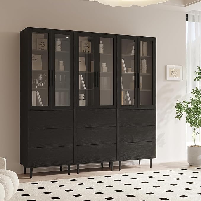 TUSY 70.9“ H Book Shelf with Drawers, 7-Tier Bookcase with Glass Doors, Display Curio Cabinet, Office Storage Cabinet, Narrow Display Bookcase for Home, Office, Clinic, Pantry (Black)