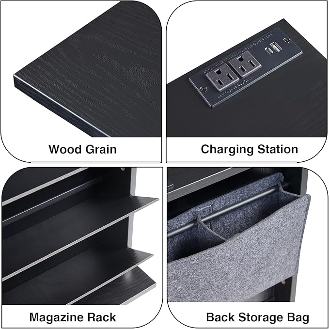 Narrow Side Table with Charging Station Slim End Table with Magazine Book Holder Organizer Rack & Storage Bag, Small Space Skinny Thin Nightstand Couch Sofa Bed Side Table for Bedroom, Living Room