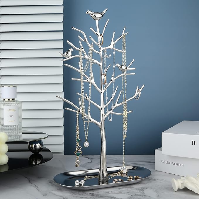 MORE&LESS Branch Jewelry Rack with metal tray,Luxury color,Tree Tower Rack Hanging Organizer for Ring Earrings Necklace Bracelet,Suitable for living rooms, bathrooms,offices,etc.