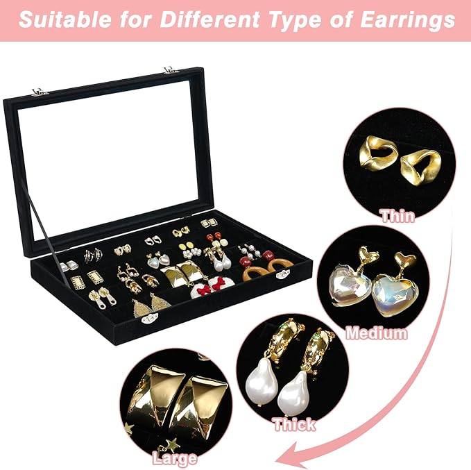 Cirhy Earring Organizer Tray, Earring Box with Clear Lid 80 Slots Velvet Drawer,Earring Tray with Lock, Jewelry Display Case for Women Girls, Black