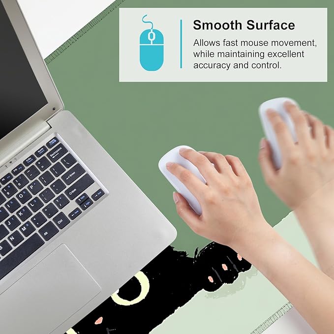 Cute Black Cat Large Mouse Pad – Extended Desk Mat 35.43 x 15.75 in – Kawaii Kitty Peeking Over Edge, Green Background, Non-Slip Rubber Base, Waterproof Keyboard & Mouse Pad for Office or Gaming