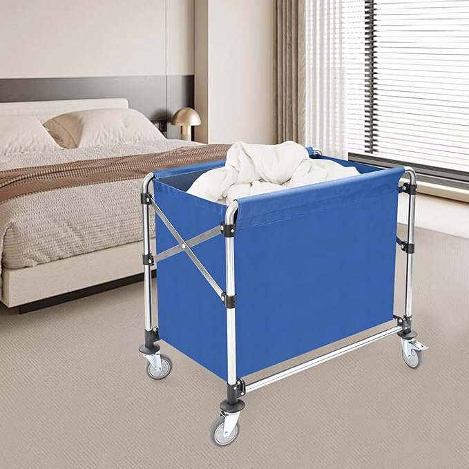 Commercial Laundry Cart with Wheels,Folding Laundry Hamper Cart,Heavy Duty Rolling Basket with Large Capacity, Sorter Trolley for Home Hotel Apartment (Blue, 34.25 * 20.47 * 30.7in)