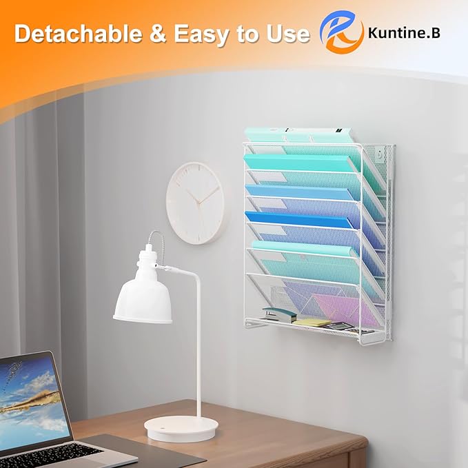 Kuntine.B Wall File Organizer Hanging Magazine Holder (White, 7 Tier)
