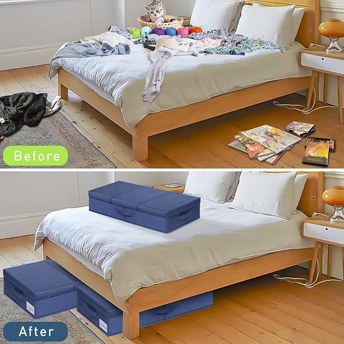 punemi Under Bed Storage Containers, 2 Pack Under Bed Organizer With Lids, Long Flat Stackable Clothes Storage Bins Large Underbed Storage, Organization and Storage Closet For Toys Blankets, Navy