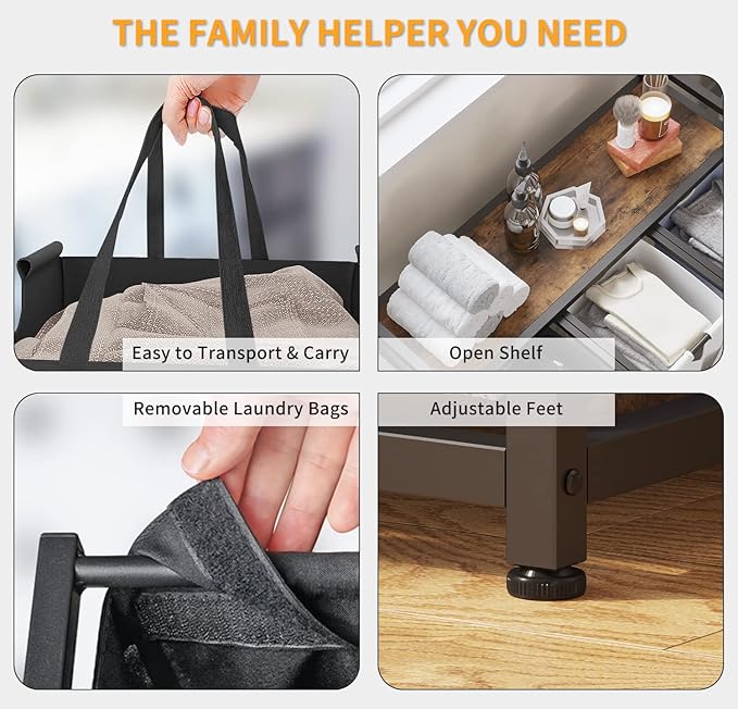 Laundry Basket Three Laundry Hamper with Removable Bags, Fabric Handles, Large Top Shelf and Laundry Bag for Bathroom, Dorm, Laundry Room