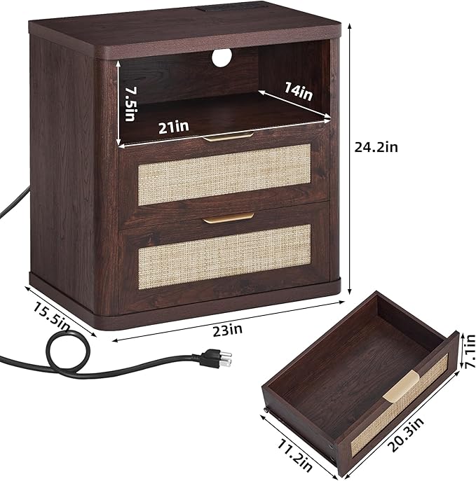 LEYAOYAO Rattan Nightstands Set of 2 with Charger Station, 23" Wide Boho Night Stand with 2 Drawers, Bedside Table Open Shlef, Bed Side End Table Dresser for Bedroom, Living Room Hallway, Walnut